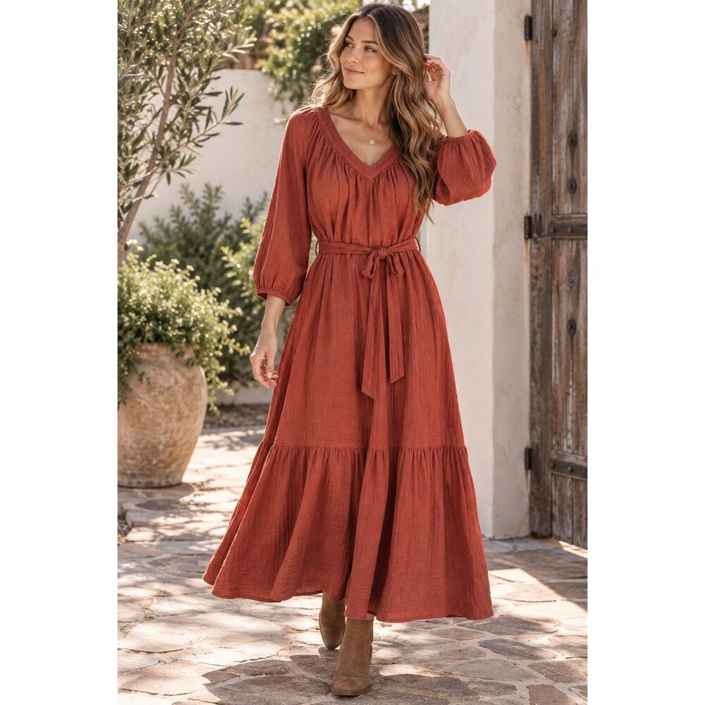 Lucky Brand Women’s XL Maxi Dress 100% Cotton Double Gauze Boho Rust Tie Waist